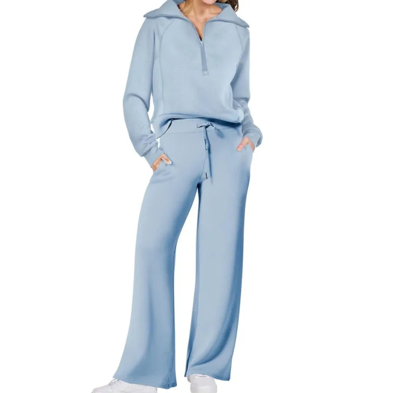 Solid Two-piece set Women Fashion Long Sleeve Zipper Sweater Pullover Tie up Pocket Wide Leg Pant Suit Loose Casual Sport Sets