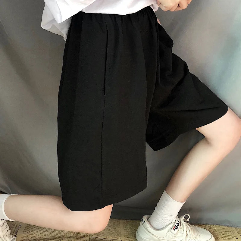 Y2k Summer Black Short Women Fashion Ladies Elastic Waist Short Pant High Waist Streetwear Wide-leg Oversize Simple Unisex Short