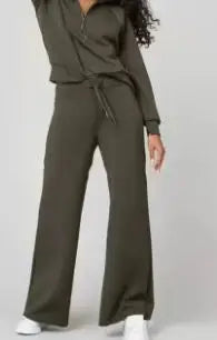 Solid Two-piece set Women Fashion Long Sleeve Zipper Sweater Pullover Tie up Pocket Wide Leg Pant Suit Loose Casual Sport Sets