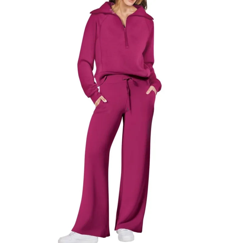 Solid Two-piece set Women Fashion Long Sleeve Zipper Sweater Pullover Tie up Pocket Wide Leg Pant Suit Loose Casual Sport Sets