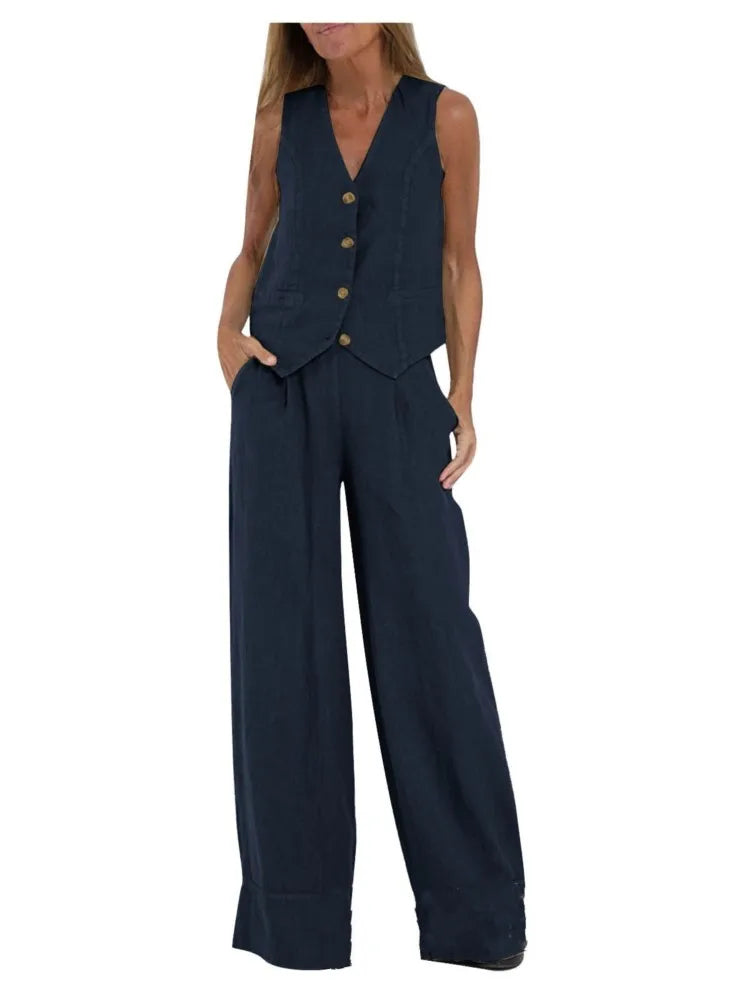 Women Fashion Solid V-neck Sleeveless Two Piece Sets New Spring Summer Button Vest Top & Wide Leg Pants Office Casual Outfits