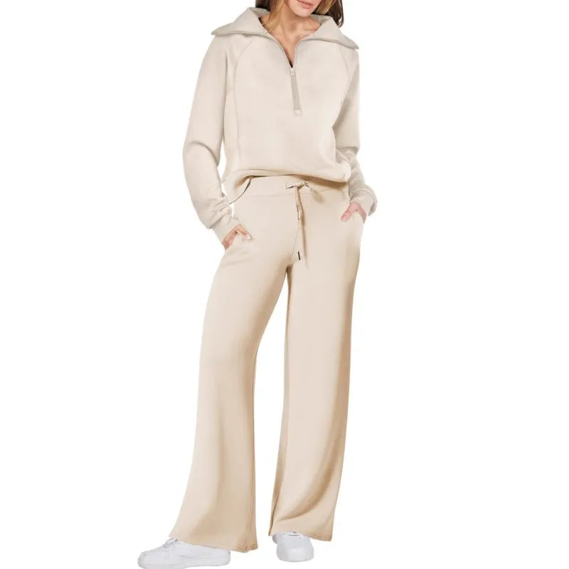 Solid Two-piece set Women Fashion Long Sleeve Zipper Sweater Pullover Tie up Pocket Wide Leg Pant Suit Loose Casual Sport Sets