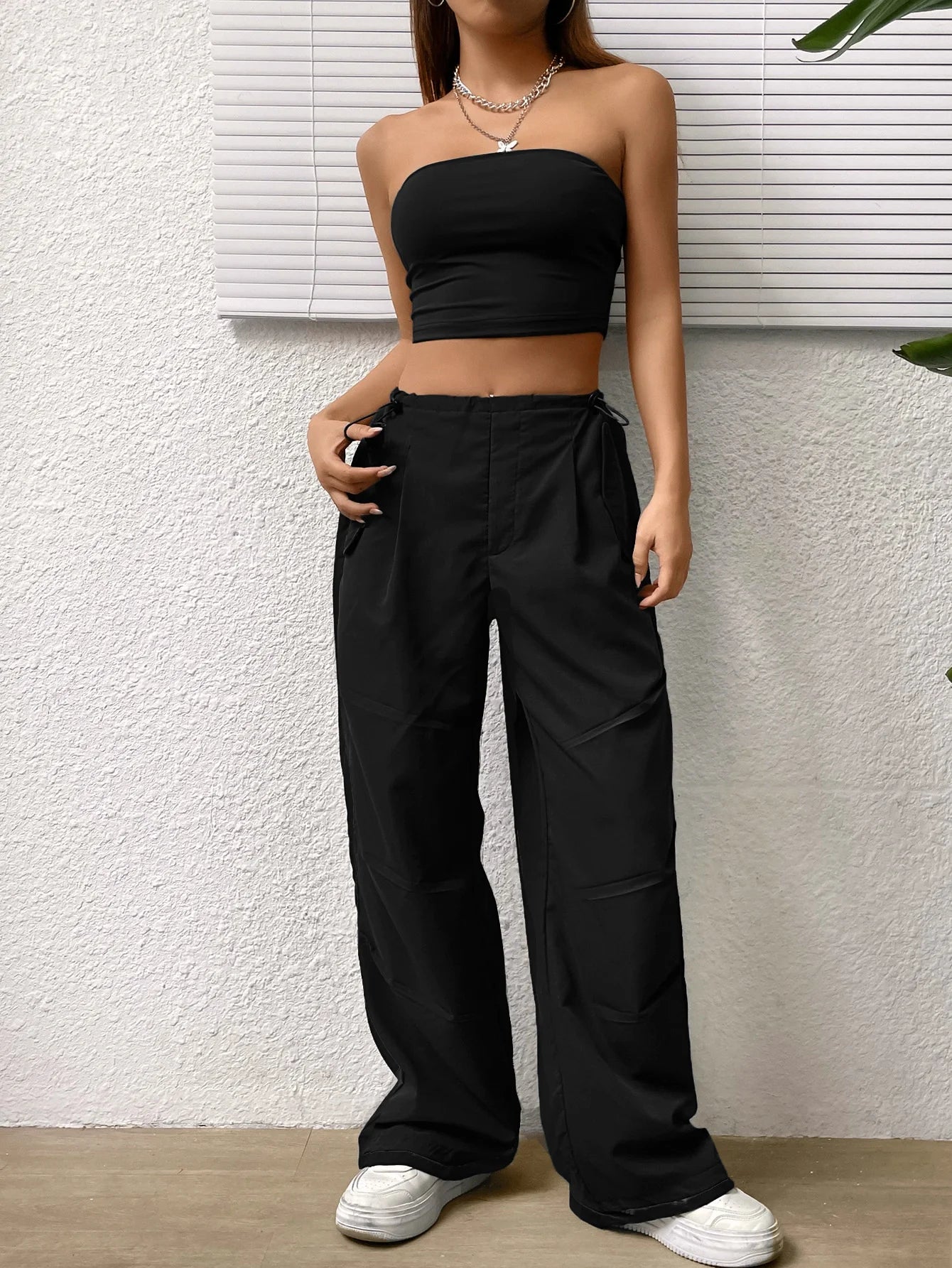 Ladies Sexy Corset And Strapless Top Set with High-Waisted Slimming Wide-Leg Casual Pants Two-Piece Ensemble