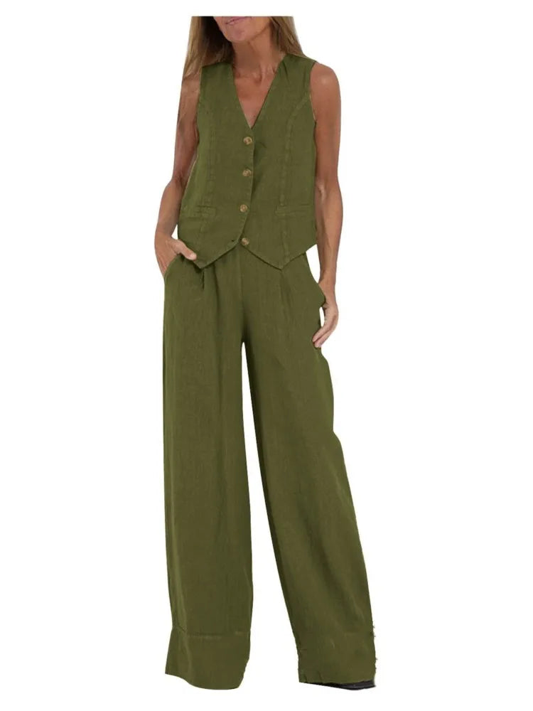 Women Fashion Solid V-neck Sleeveless Two Piece Sets New Spring Summer Button Vest Top & Wide Leg Pants Office Casual Outfits
