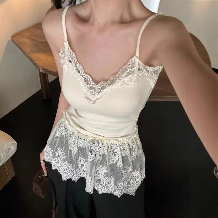 Korean Style Sexy Lace Sleeveless Crop Cami Top Women 2026 Summer Mesh Layer Tank Top Y2K Clothes Ruched Skinny Backless T-shirt