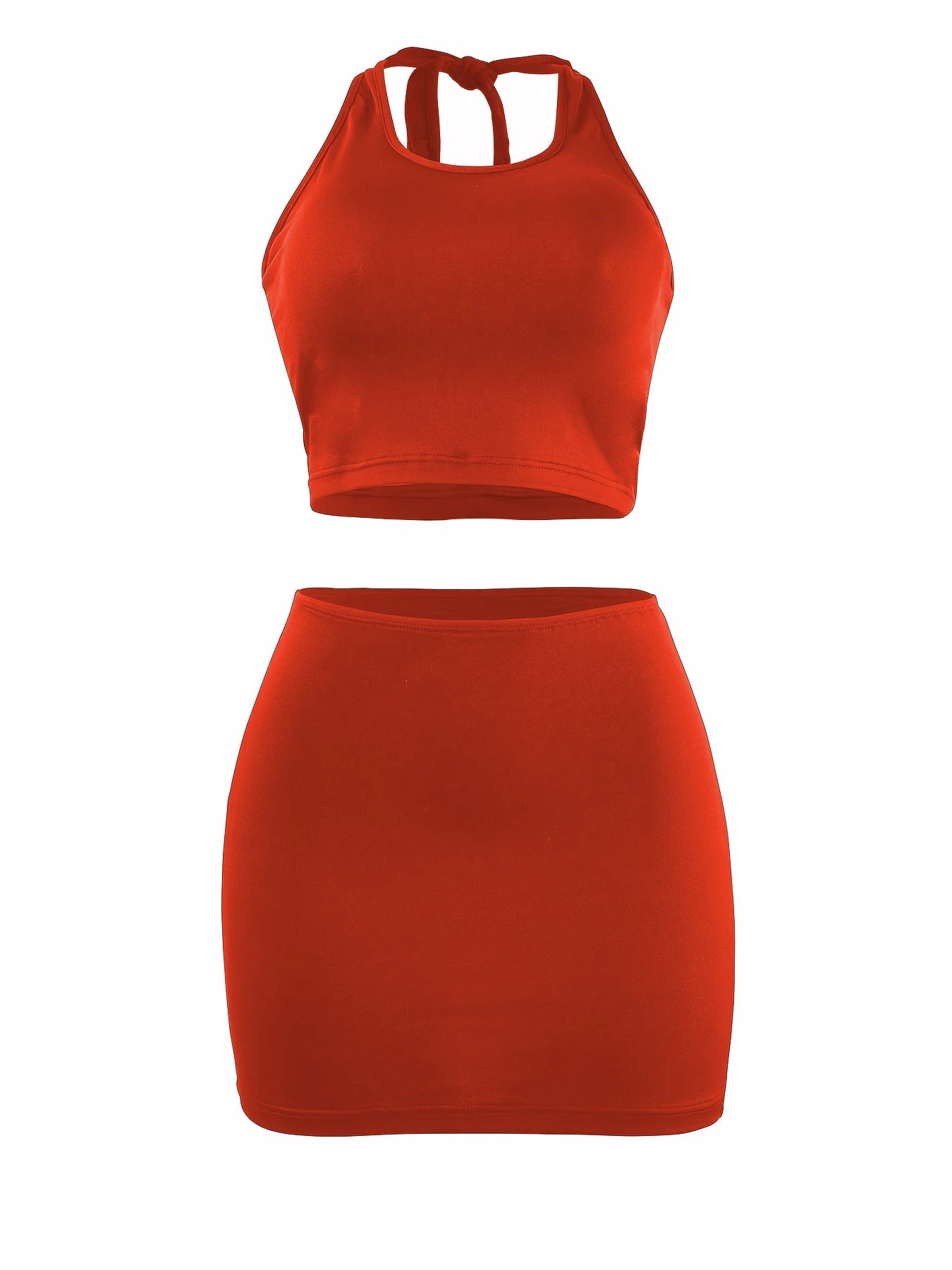 Women's sexy neck hanging, backless, slim fit solid color vest, hip hugging short skirt two-piece set