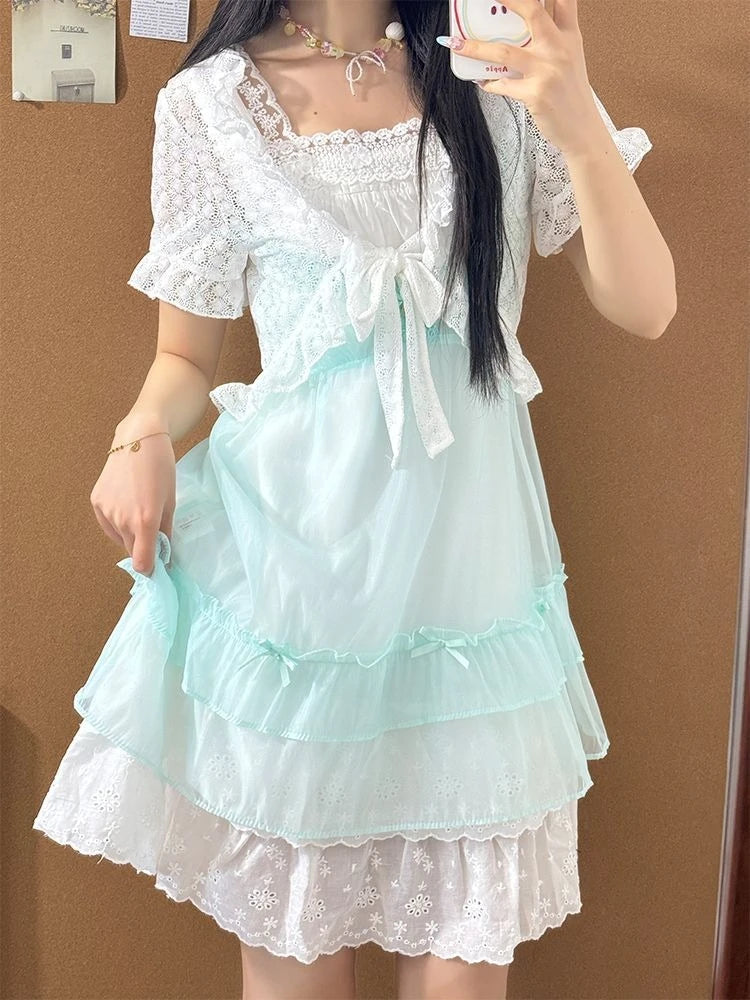 Sweet Japanese Lolita Two Piece Dress Set Lace Patchwork Ruffle Layered Dresses New Kawaii Cute Short Sleeve Summer Outfits 2025