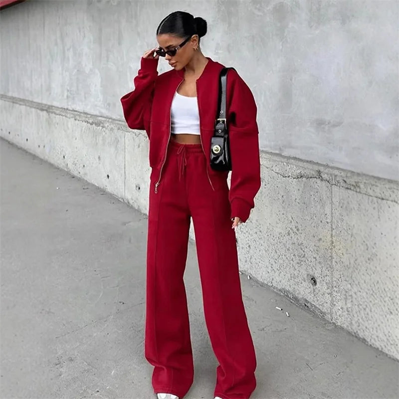 2025 Sweatshirt Two-piece Suit Women's Casual Sets Loose Zipper-up Short Jacket Tops Straight Trousers Sports 2-piece Sets Lady