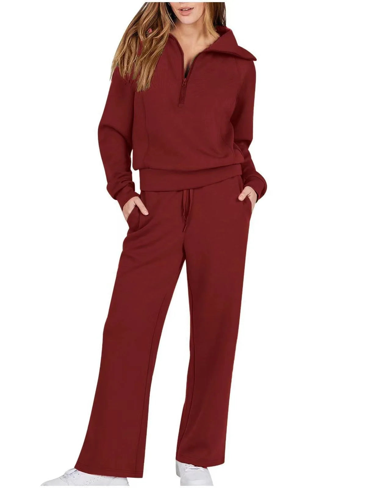 Solid Two-piece set Women Fashion Long Sleeve Zipper Sweater Pullover Tie up Pocket Wide Leg Pant Suit Loose Casual Sport Sets