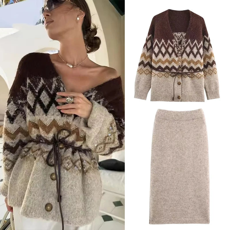 Women Knitted Midi Skirts Two Piece Sets 2025 New Fashion Jacquard Belt Knit Cardigan Women's Suits Autumn Winter Woman Outfits