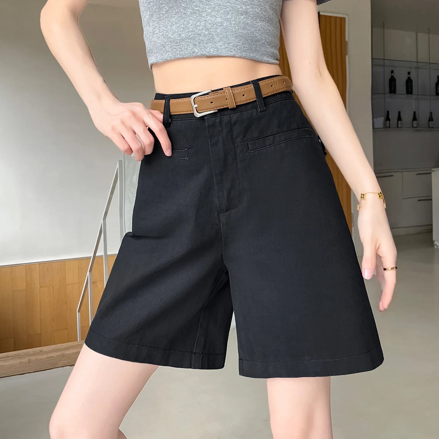 Summer Cotton and Linen Women's Wide Leg Shorts with Belts 2025 New High Waist Solid Casual Loose Short Pant for Womens