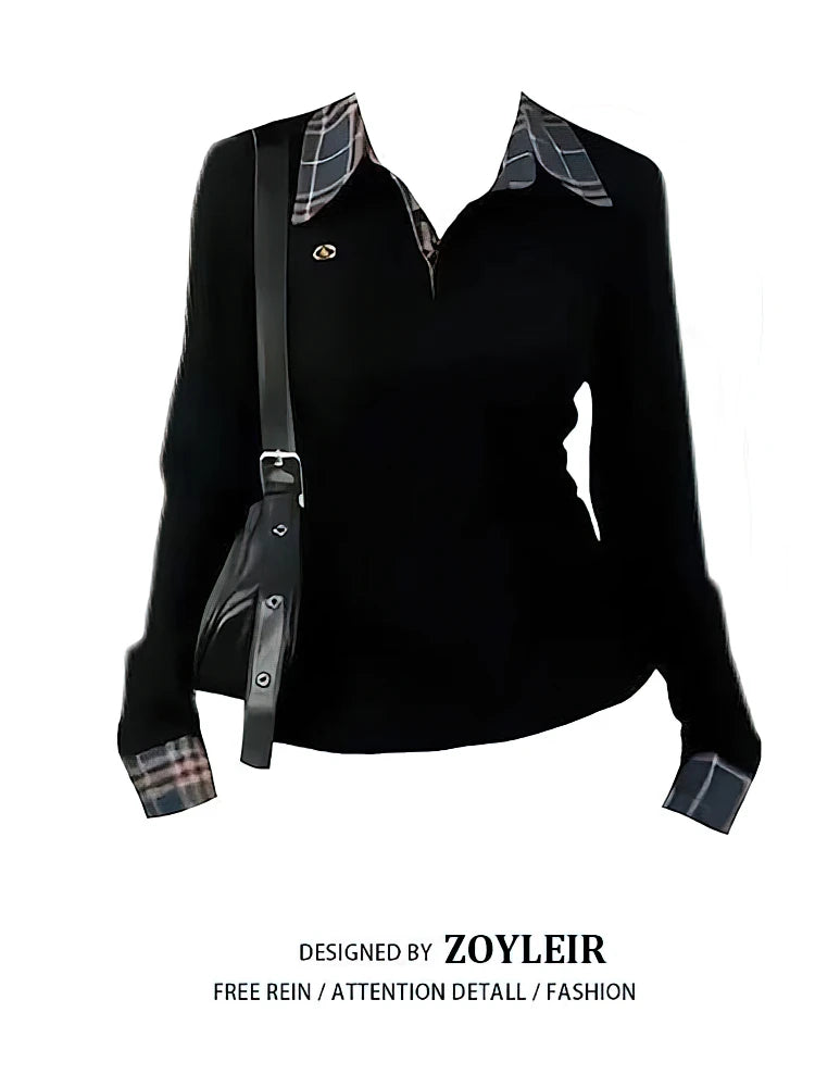 Preppy Polo Neck Knit Plaid Long sleeve T shirt Women False 2 Piece Basic Top V neck Button Blouses Tees 2025 New