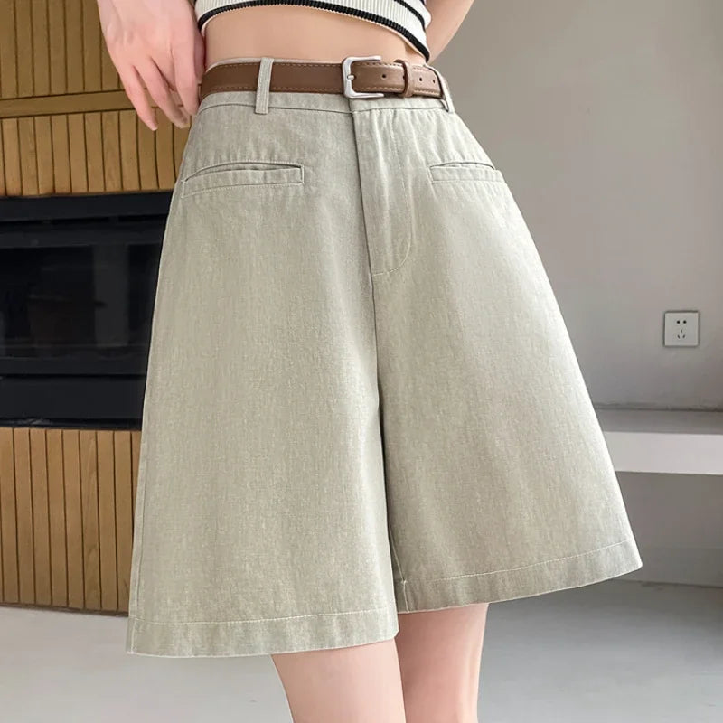 Summer Cotton and Linen Women's Wide Leg Shorts with Belts 2025 New High Waist Solid Casual Loose Short Pant for Womens