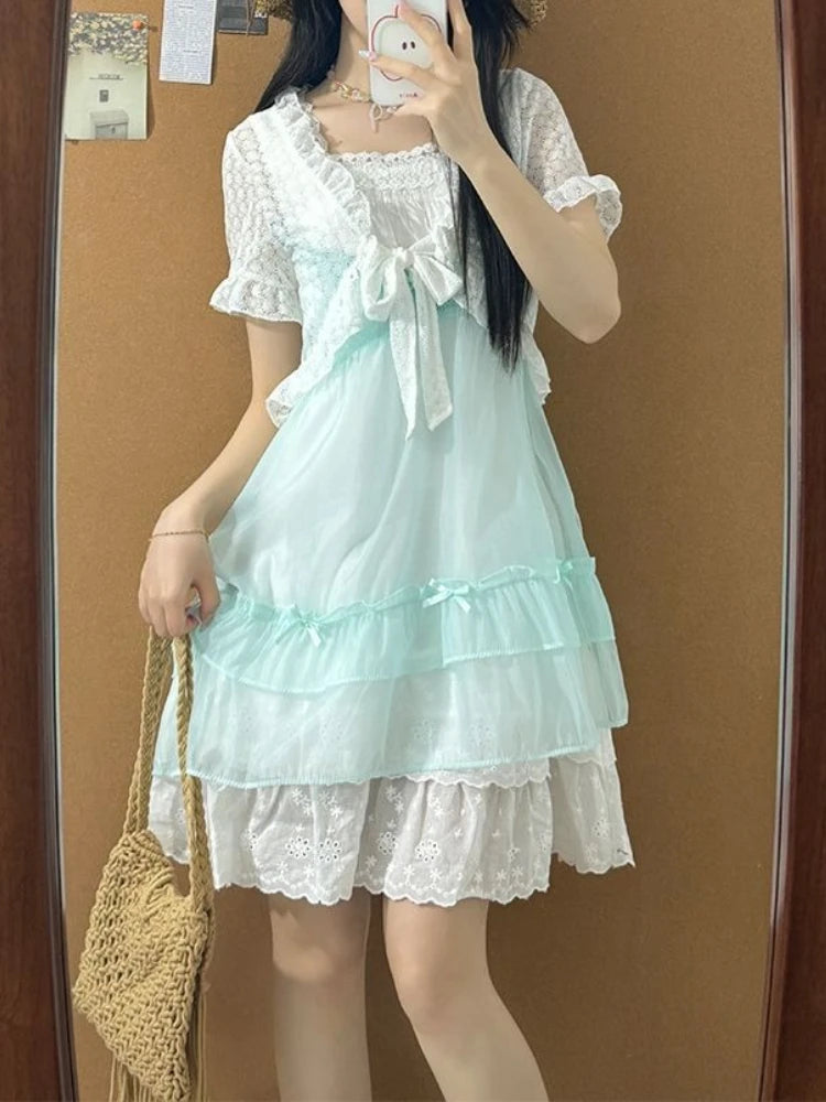 Sweet Japanese Lolita Two Piece Dress Set Lace Patchwork Ruffle Layered Dresses New Kawaii Cute Short Sleeve Summer Outfits 2025