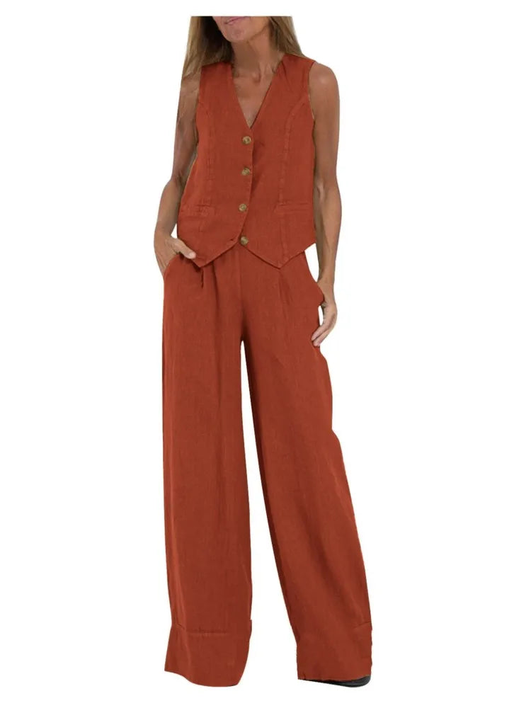Women Fashion Solid V-neck Sleeveless Two Piece Sets New Spring Summer Button Vest Top & Wide Leg Pants Office Casual Outfits