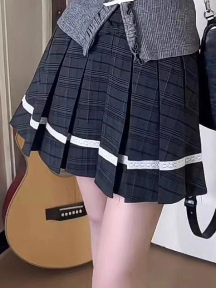 Japanese Sweet Preppy Style 2 Piece Sets Women Fake Two Piece Tops + Pleated Skirt New Fashion JK Slim Retro Outfits Spring 2026