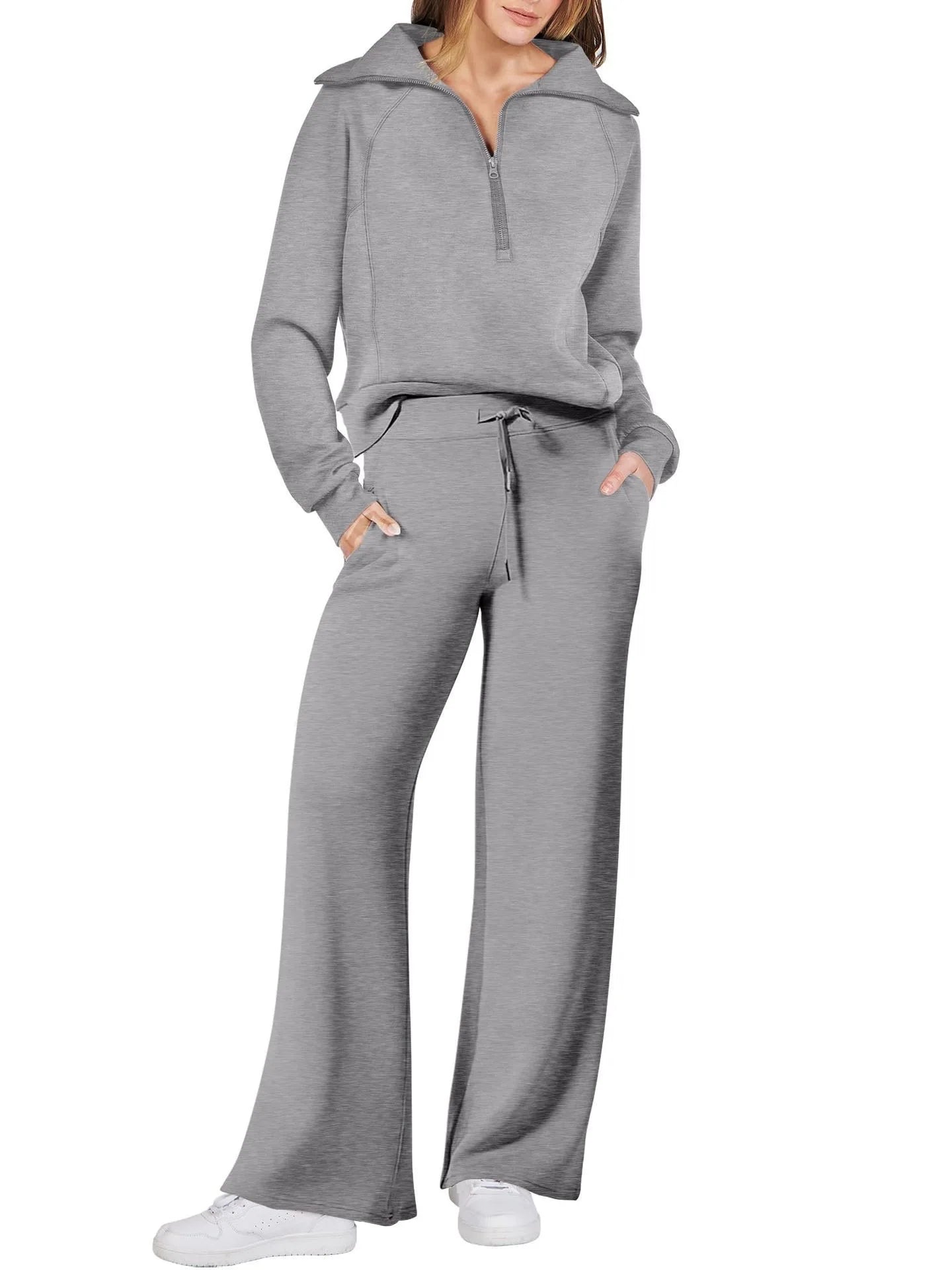 Solid Two-piece set Women Fashion Long Sleeve Zipper Sweater Pullover Tie up Pocket Wide Leg Pant Suit Loose Casual Sport Sets