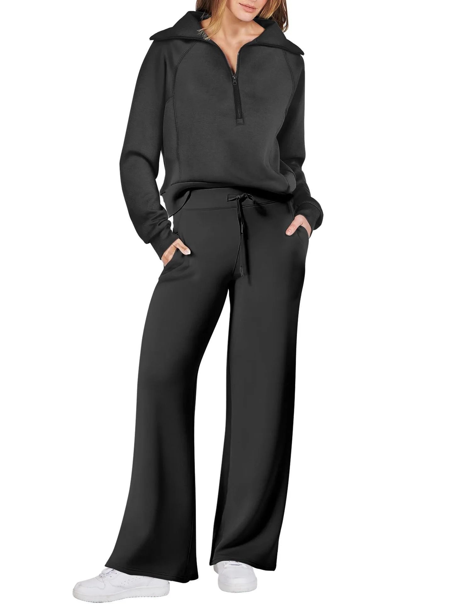 Solid Two-piece set Women Fashion Long Sleeve Zipper Sweater Pullover Tie up Pocket Wide Leg Pant Suit Loose Casual Sport Sets