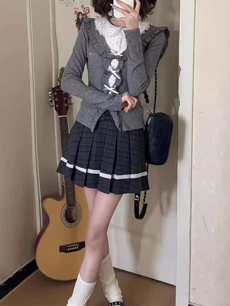 Japanese Sweet Preppy Style 2 Piece Sets Women Fake Two Piece Tops + Pleated Skirt New Fashion JK Slim Retro Outfits Spring 2026