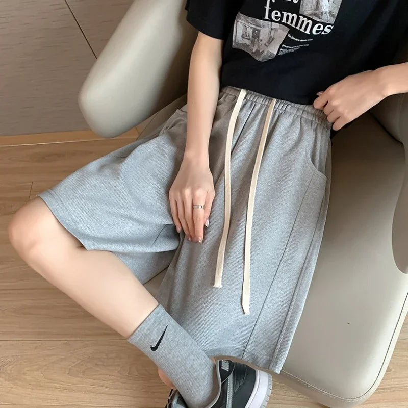 High Waist Drawstring Shorts Women's Summer 2025 Casual New Style Slimming Five-Quarter Pants Mid-Length Trousers Sports Shorts