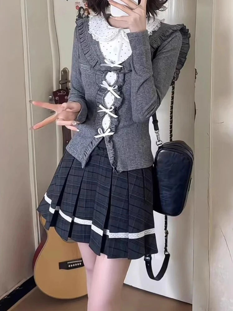 Japanese Sweet Preppy Style 2 Piece Sets Women Fake Two Piece Tops + Pleated Skirt New Fashion JK Slim Retro Outfits Spring 2026