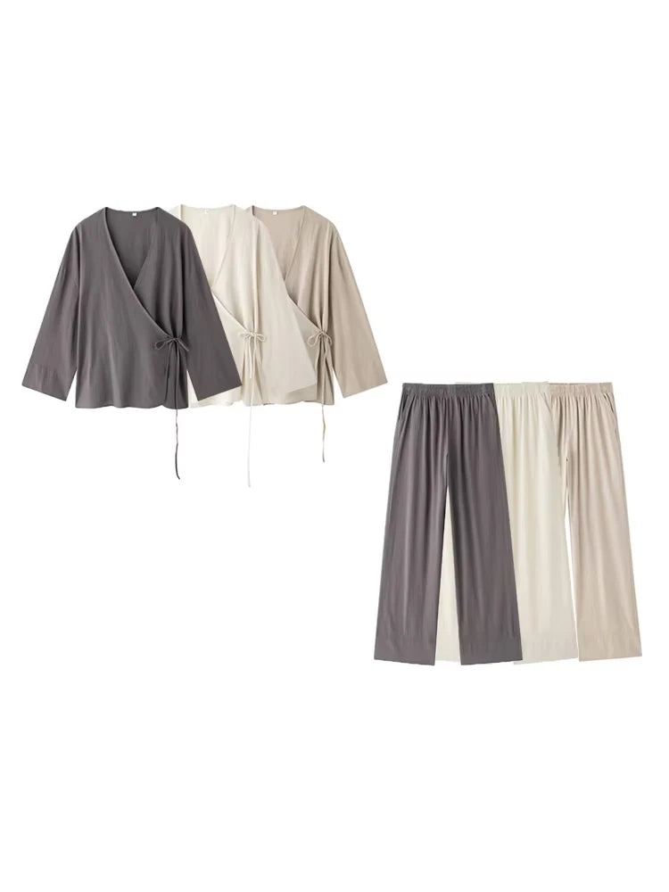 Women Fashion With Tied Loose Kimono Blouses And High Elastic Waist Side Pockets Pants Female Two Piece Sets Mujer