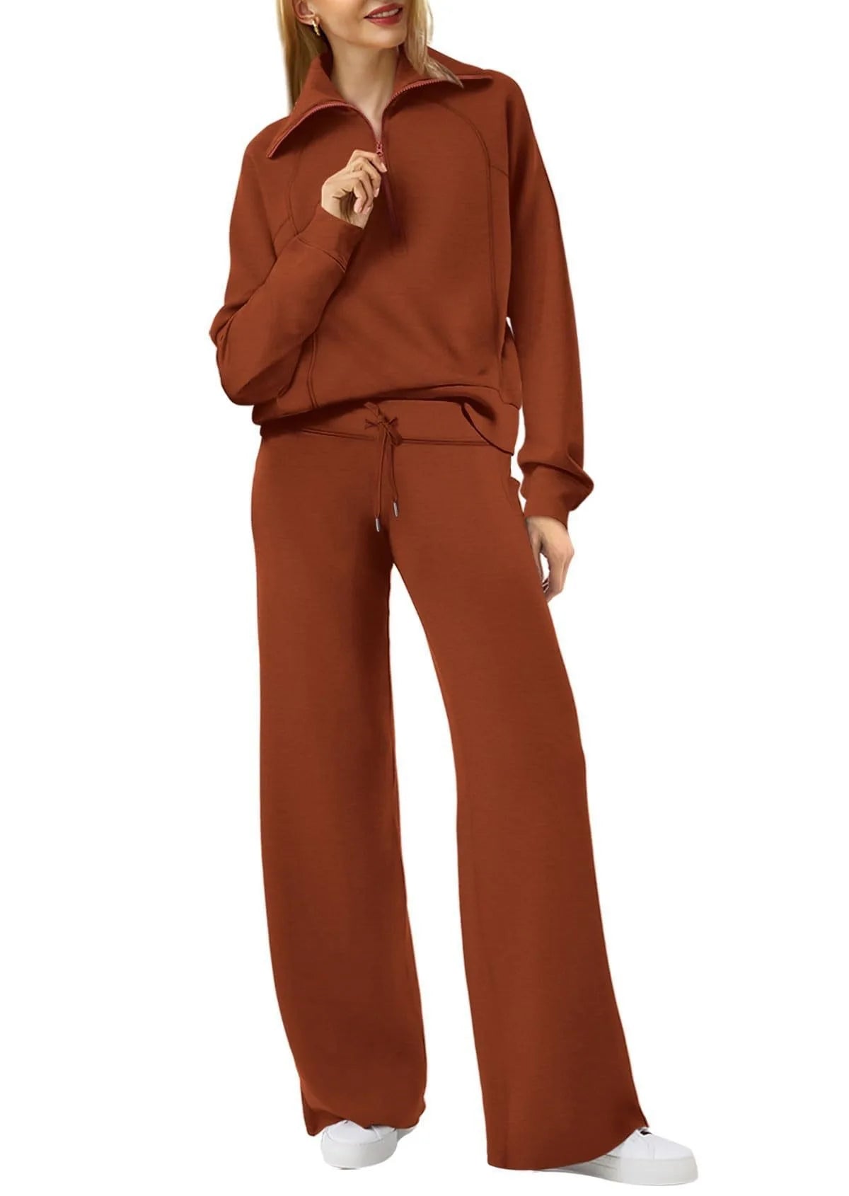 Solid Two-piece set Women Fashion Long Sleeve Zipper Sweater Pullover Tie up Pocket Wide Leg Pant Suit Loose Casual Sport Sets