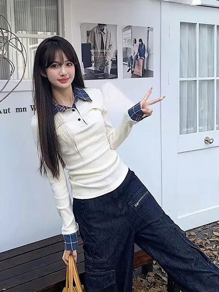 Preppy Polo Neck Knit Plaid Long sleeve T shirt Women False 2 Piece Basic Top V neck Button Blouses Tees 2025 New