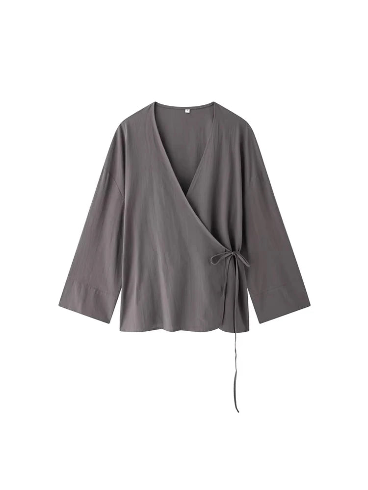 Women Fashion With Tied Loose Kimono Blouses And High Elastic Waist Side Pockets Pants Female Two Piece Sets Mujer