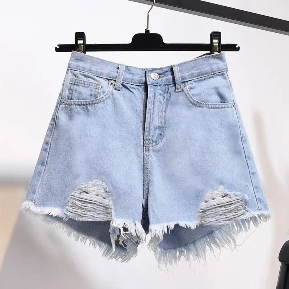 Summer Women's Cowboy Shorts Korean High Waist Casual Denim Shorts Pocket Tassel Perforated Ripped Holes Y2K Girls White Jeans