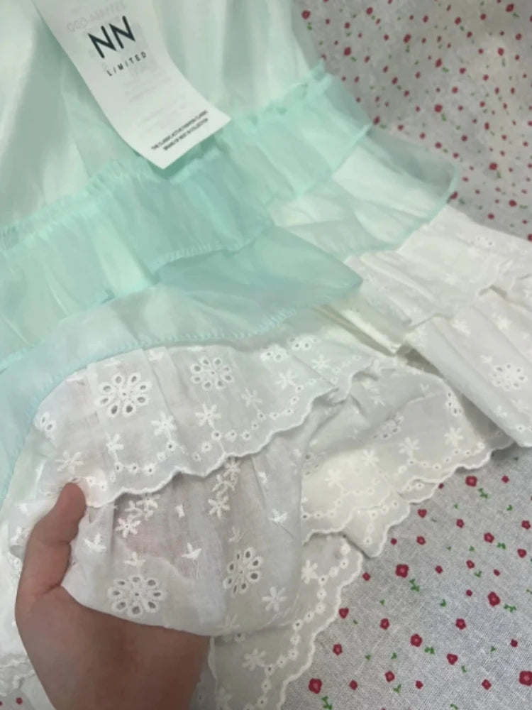 Sweet Japanese Lolita Two Piece Dress Set Lace Patchwork Ruffle Layered Dresses New Kawaii Cute Short Sleeve Summer Outfits 2025