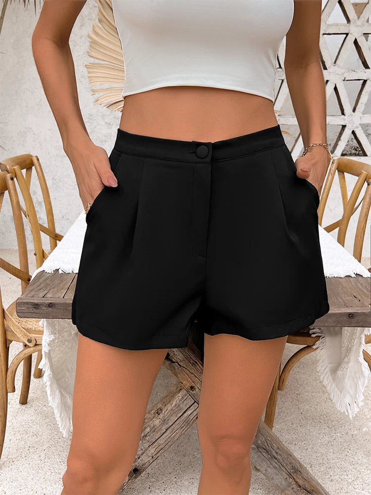 Women's black high-waisted shorts, loose, elegant, and stylish, suitable for everyday casual wear and summer commuting