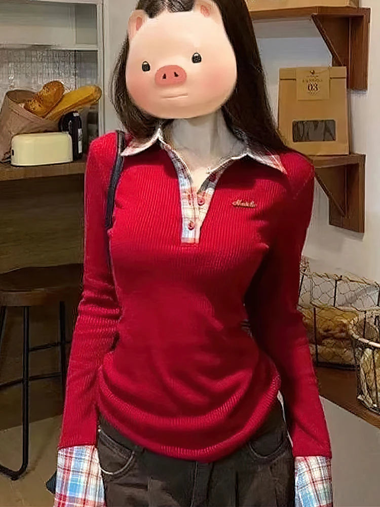 Preppy Polo Neck Knit Plaid Long sleeve T shirt Women False 2 Piece Basic Top V neck Button Blouses Tees 2025 New