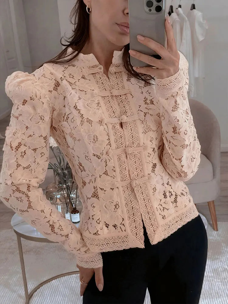 Women's Lace Printed Shirts Tops Spring New Full Sleeve Hollow Out Single Breasted Patchwork Blouse Lady Fashion Shrug Shirts