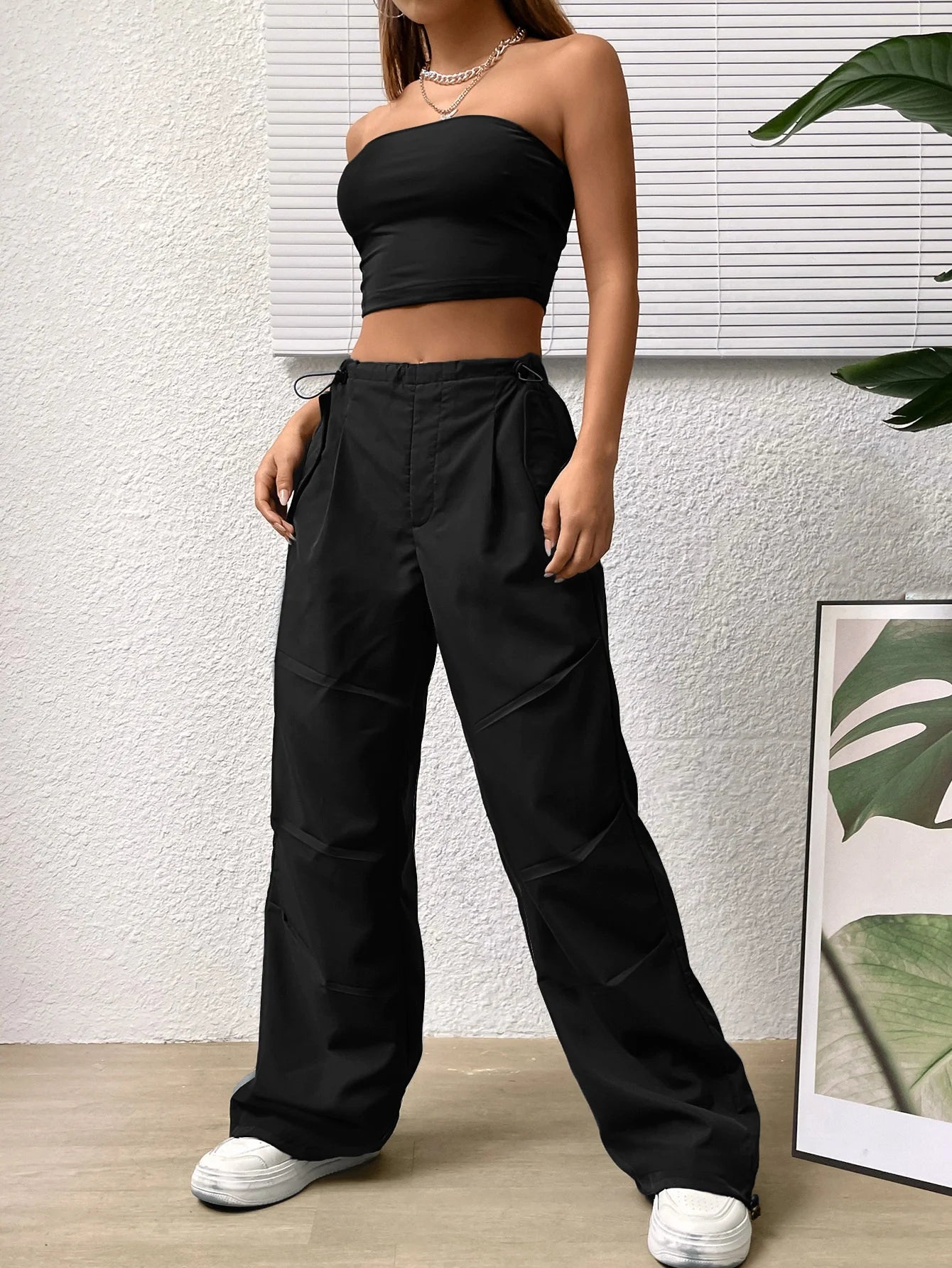Ladies Sexy Corset And Strapless Top Set with High-Waisted Slimming Wide-Leg Casual Pants Two-Piece Ensemble