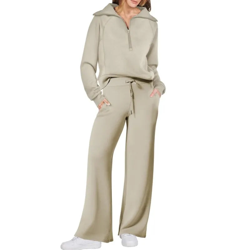 Solid Two-piece set Women Fashion Long Sleeve Zipper Sweater Pullover Tie up Pocket Wide Leg Pant Suit Loose Casual Sport Sets