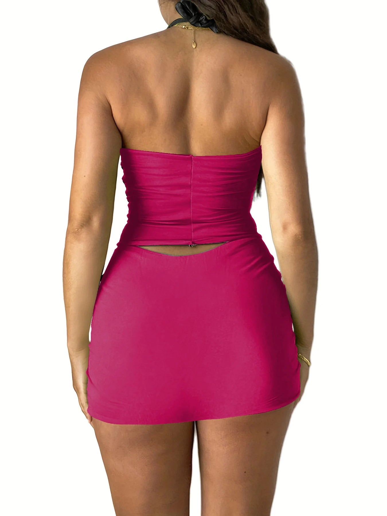 Women's sexy neck hanging, backless, slim fit solid color vest, hip hugging short skirt two-piece set
