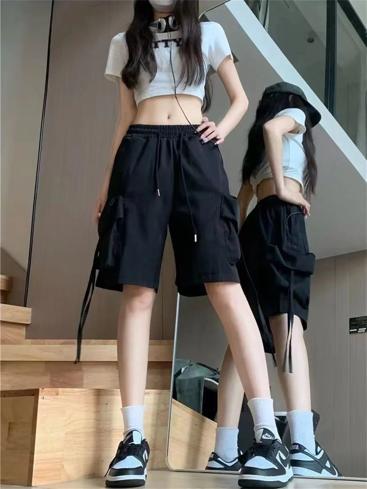 Women High Waist Multi-pocket Cargo Shorts American Style Streetwear Summer Wide Leg Pants Fashion Female Big Pocket Shorts
