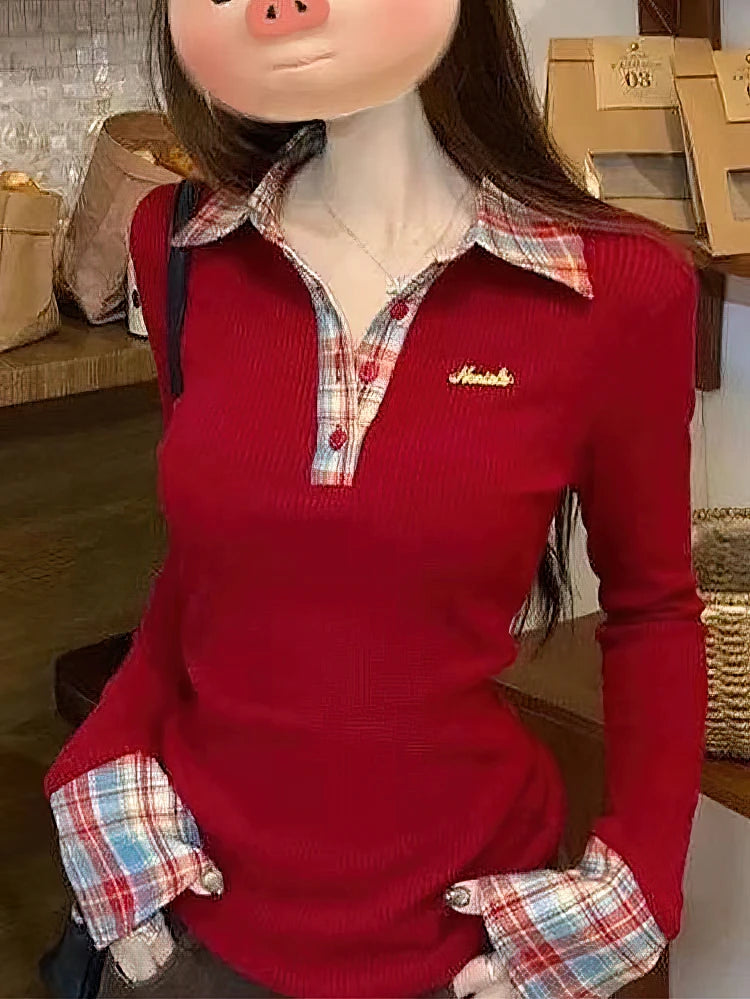 Preppy Polo Neck Knit Plaid Long sleeve T shirt Women False 2 Piece Basic Top V neck Button Blouses Tees 2025 New
