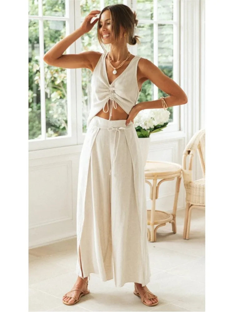 Summer Casual Shirt Sets New Women's Fashion Solid Color Drawstring Short-sleeved Tops Wide-leg Slit Trousers Two-piece Set Suit