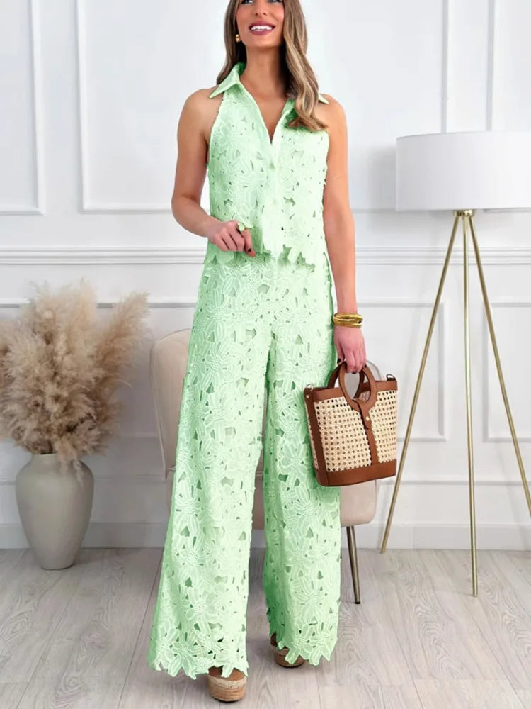 LGRQ turn-down collar sleeveless lace hollow out single breasted shirt top and high waist full length pants two pieces set