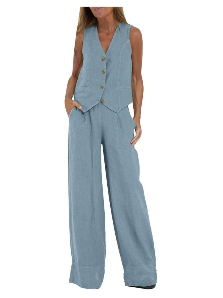 Women Fashion Solid V-neck Sleeveless Two Piece Sets New Spring Summer Button Vest Top & Wide Leg Pants Office Casual Outfits
