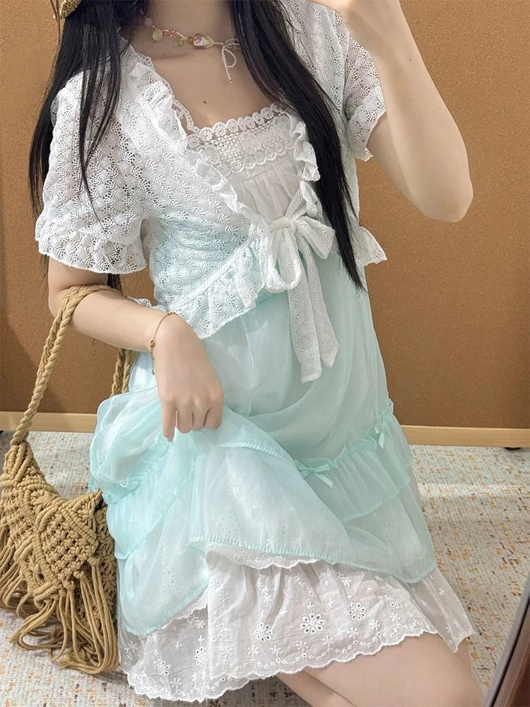 Sweet Japanese Lolita Two Piece Dress Set Lace Patchwork Ruffle Layered Dresses New Kawaii Cute Short Sleeve Summer Outfits 2025