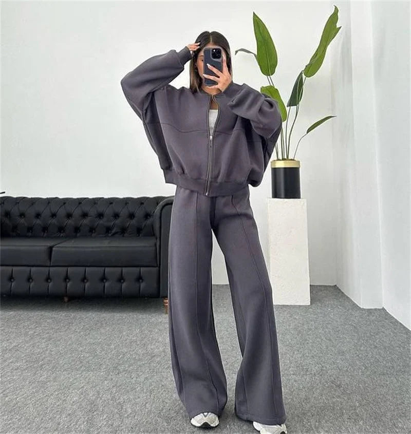 2025 Sweatshirt Two-piece Suit Women's Casual Sets Loose Zipper-up Short Jacket Tops Straight Trousers Sports 2-piece Sets Lady