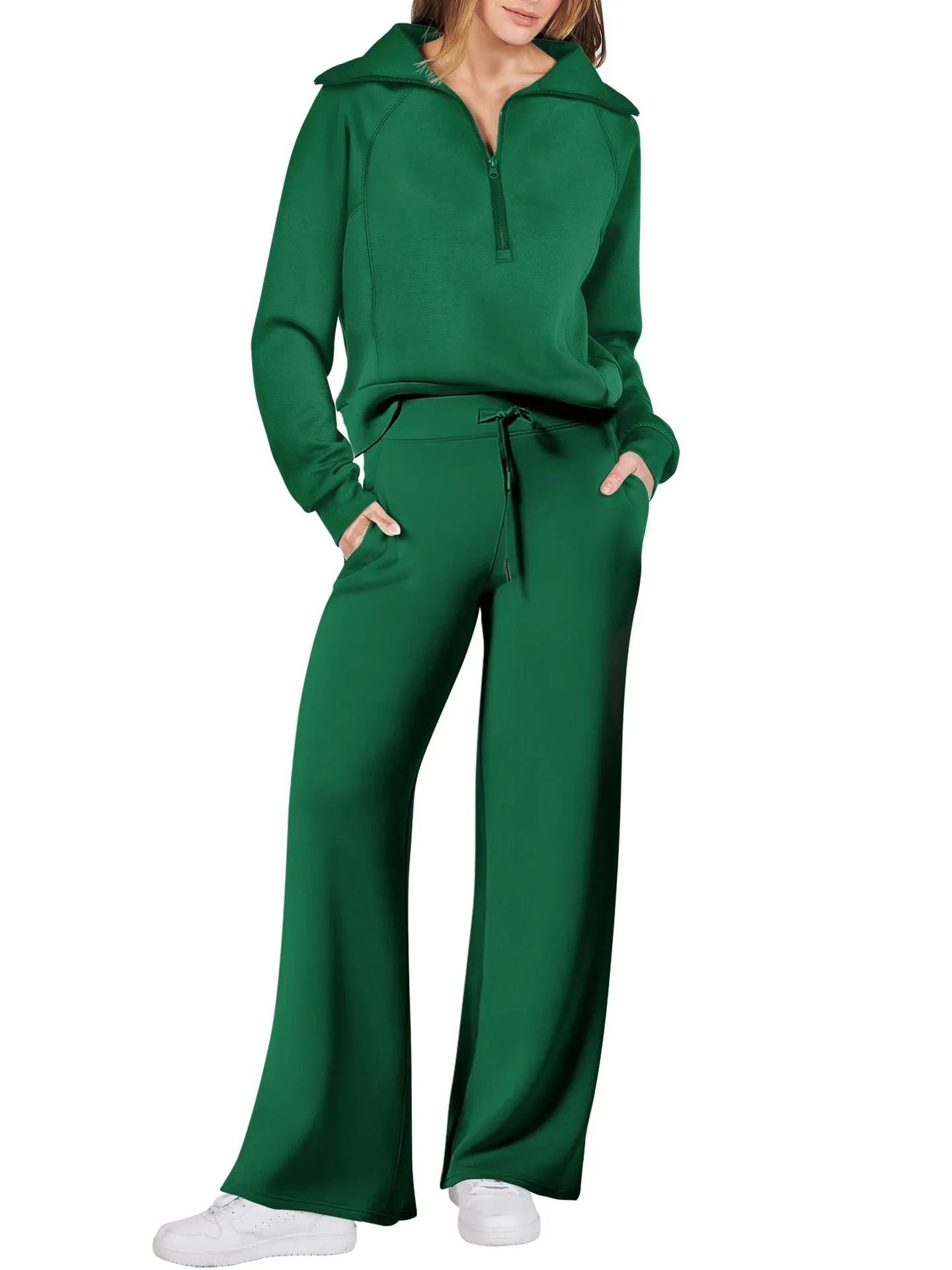 Solid Two-piece set Women Fashion Long Sleeve Zipper Sweater Pullover Tie up Pocket Wide Leg Pant Suit Loose Casual Sport Sets