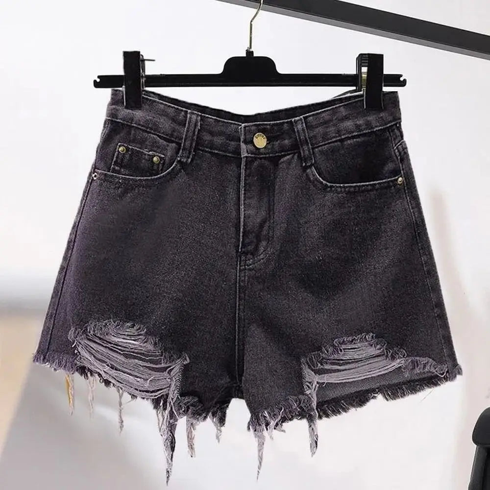 Summer Women's Cowboy Shorts Korean High Waist Casual Denim Shorts Pocket Tassel Perforated Ripped Holes Y2K Girls White Jeans