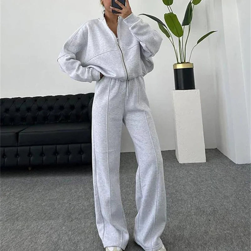 2025 Sweatshirt Two-piece Suit Women's Casual Sets Loose Zipper-up Short Jacket Tops Straight Trousers Sports 2-piece Sets Lady