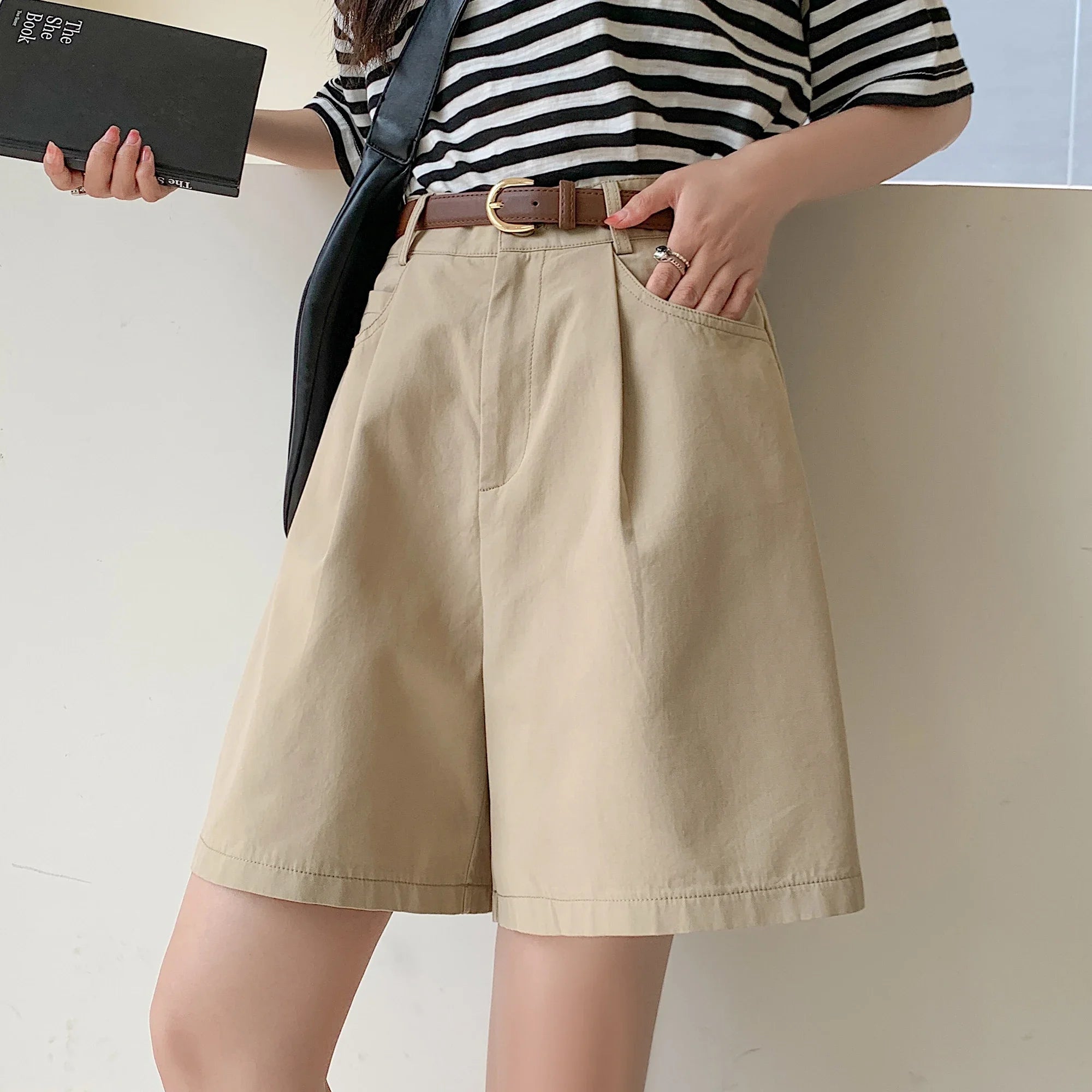 High Waist Summer Cotton Linen Women's Workwear Cargo Shorts Casual Loose Wide Leg Pants Fashionable Short Pants 2024 New