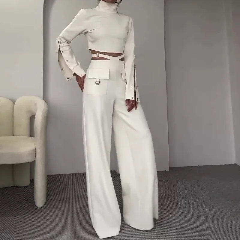 Women Pant Set Work Two Piece Sets Turtleneck Full Sleeve Tops Sexy Wide Leg Long Pants Loose Casual Elegant Matching Sets
