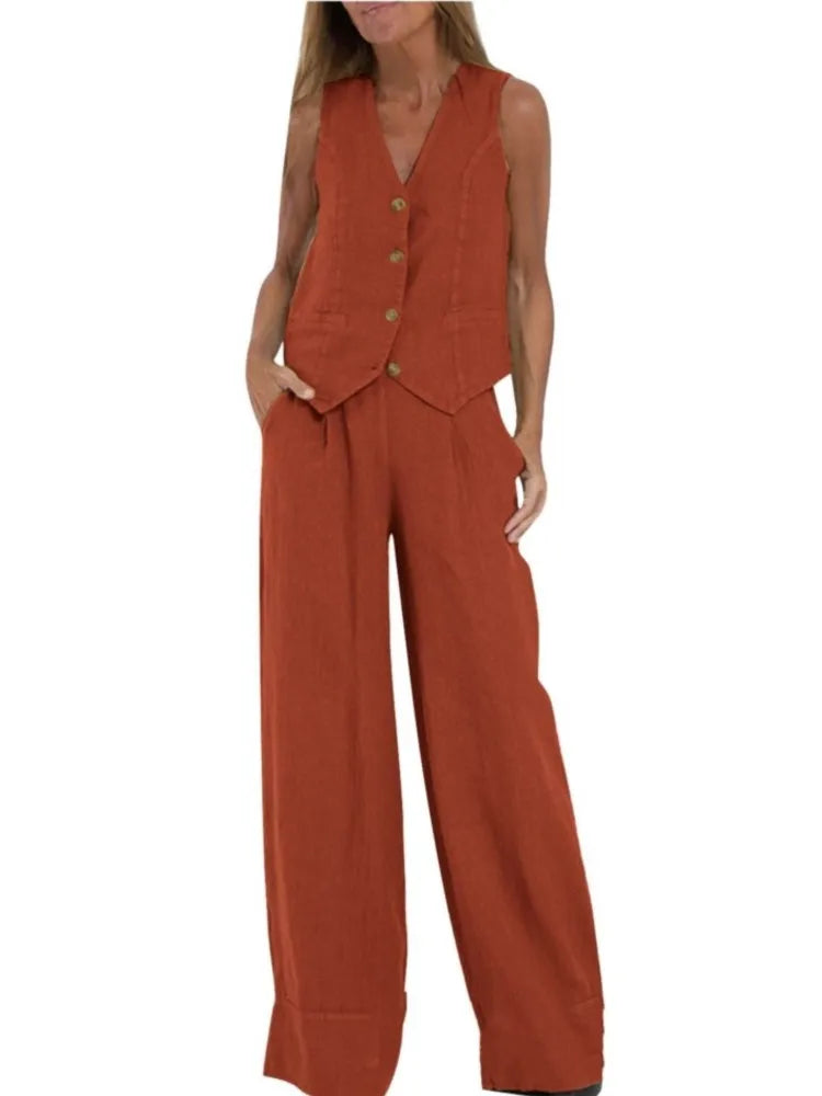 Women Fashion Solid V-neck Sleeveless Two Piece Sets New Spring Summer Button Vest Top & Wide Leg Pants Office Casual Outfits